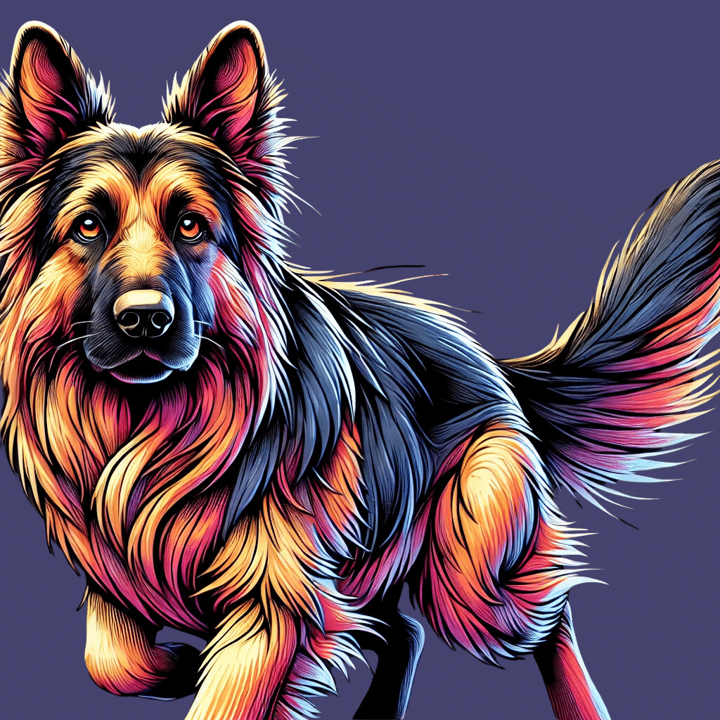 GS NODE #0074 Utility NFT featuring a dynamic full-body illustration of a German Shepherd in vibrant neon colors. The dog’s alert and expressive gaze is paired with intricate fur details, showcasing a striking blend of orange, yellow, pink, and blue tones. The poised stance and flowing tail emphasize movement and energy, highlighting the dog’s strength and agility. This NFT provides exclusive access to an RPC node on the blockchain, ideal for Web3 developers and collectors. Available on Magic Eden.